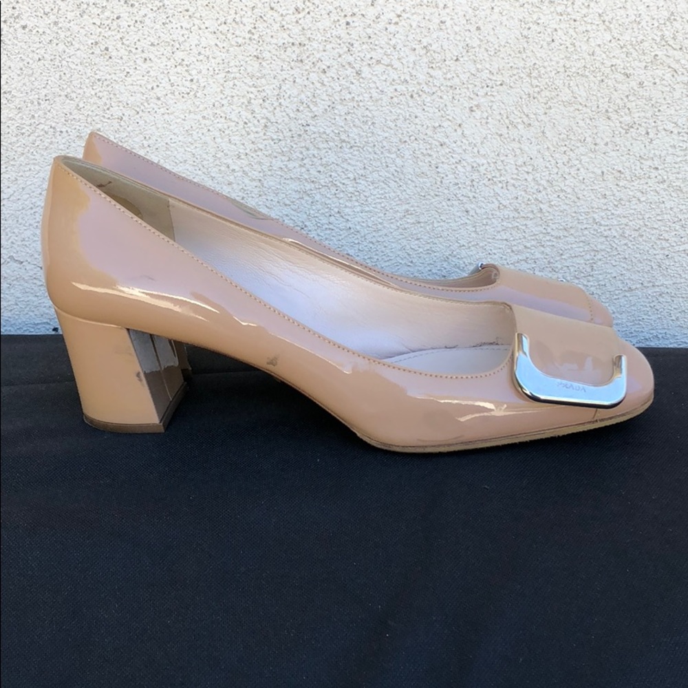 Prada nude patent leather block heels
